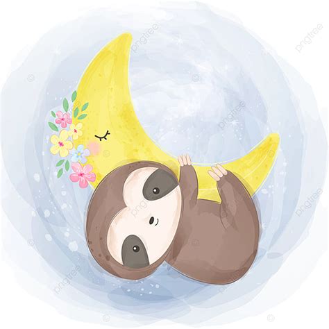 Adorable Watercolor Baby Sloth Hanging With The Moon Adorable Animal