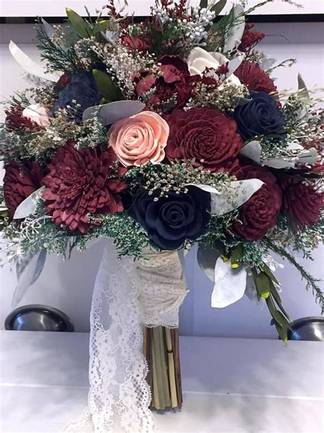 Burgundy Pink Navy Wedding Bouquet made with sola flowers | Navy