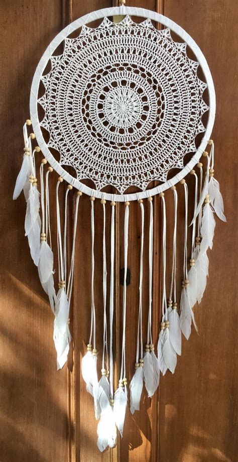 All White Crochet Dream Catcher With White Feathers Handmade In Bali