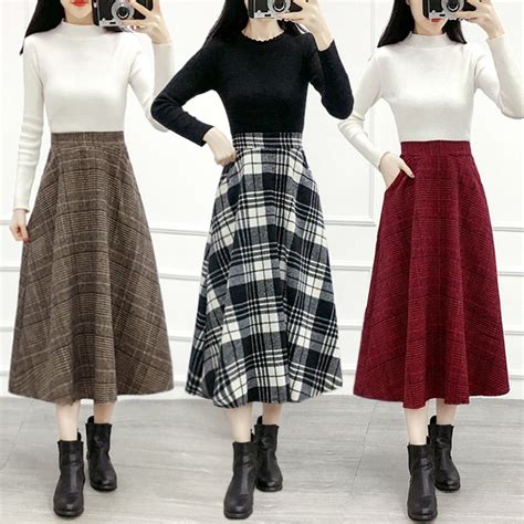 Winter Skirt Female Mid Length New Plaid Woolen Skirt Autumn And Winter High Waist A Line Long