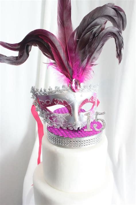 masquerade mask rhinestone sweet 16 cake topper hot pink and silver overthetopcaketopper