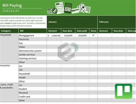 Download Free Excel Template For Bill Payment Checklist