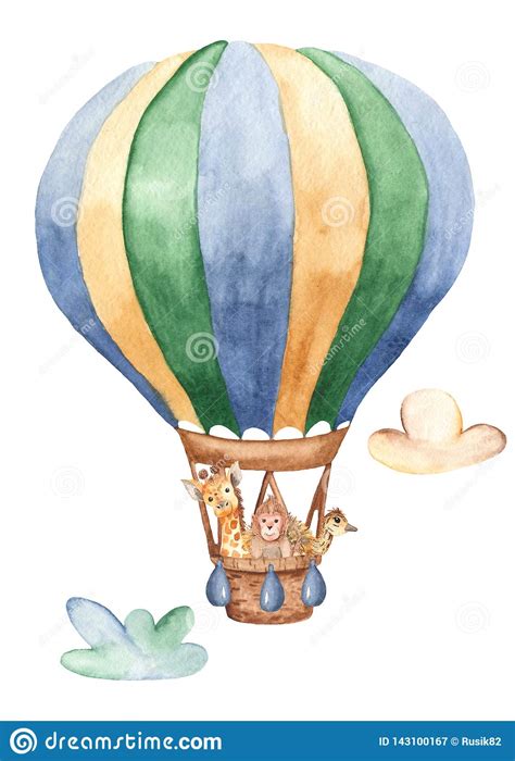 Watercolor Card with a Balloon and Cute Animals. Stock Illustration