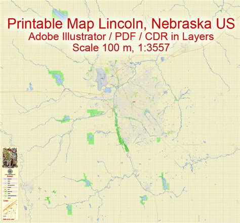 Lincoln Nebraska Us Printable Street Map Exact Vector City Plan Scale