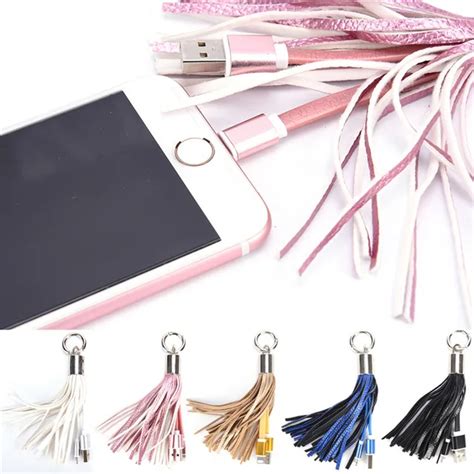 Usb Cable Leather Tassel Keychain Mini Usb Cable Fast Charger Metal