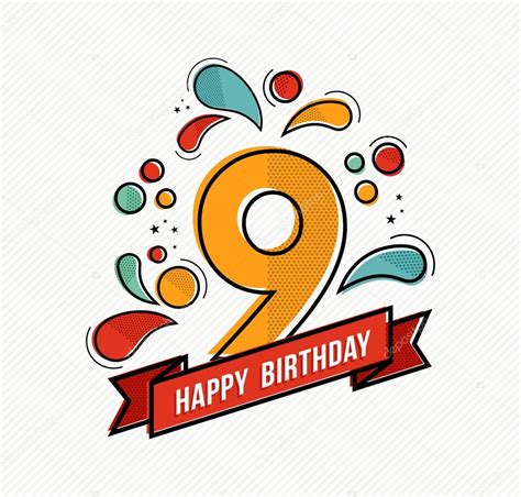 Colorful Happy Birthday Number 9 Flat Line Design — Stock Vector