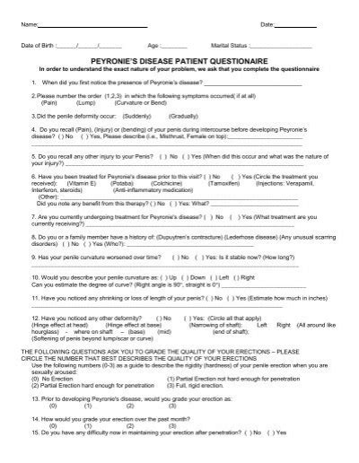 Peyronie S Disease Questionnaire Urology Specialists SC