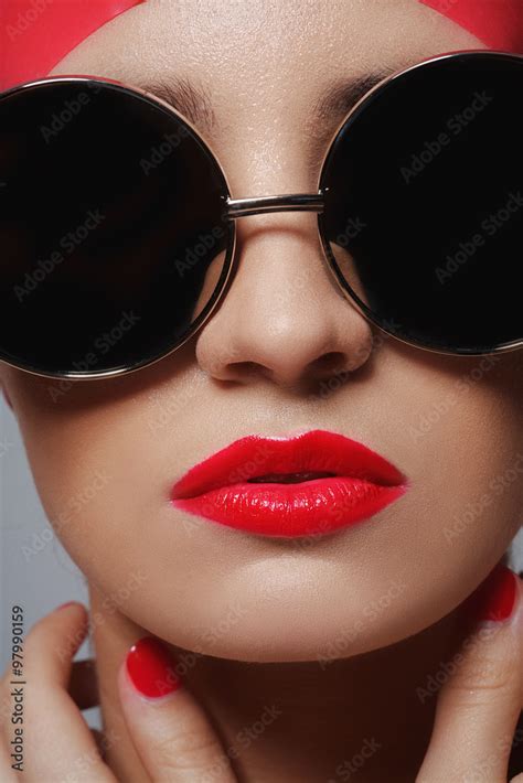 Beautiful Face With Glasses Closeup Sexy Model With Red Lipstick And