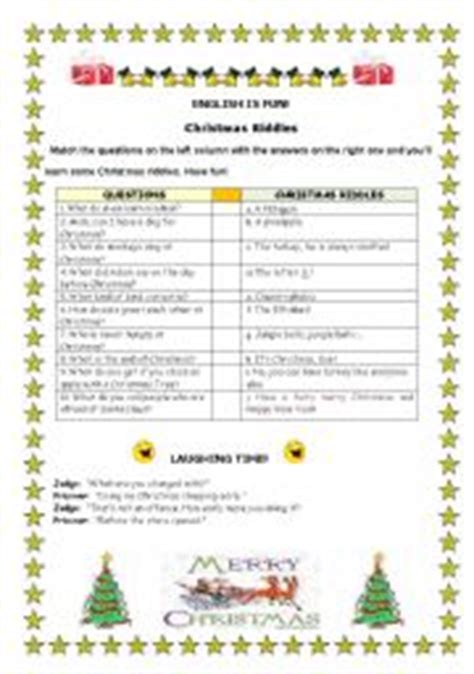 Not only c/christmas picture riddles, you could also find another pics such as letter riddles, alphabet riddles, riddle examples, solve the riddle, solve this riddle, color riddle. English worksheets: CHRISTMAS RIDDLES