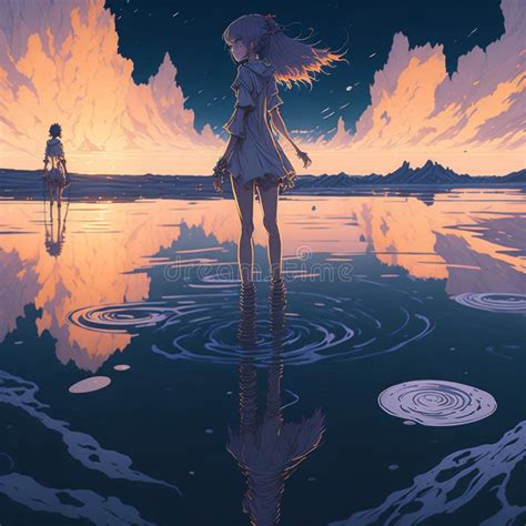 Anime Girl Walking On Water Ripples Backdrop Of Dawn Saturn In The