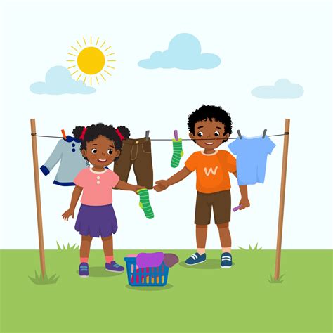 Cute African Kids Doing Laundry Chore Hanging Wet Clothes Outside Under