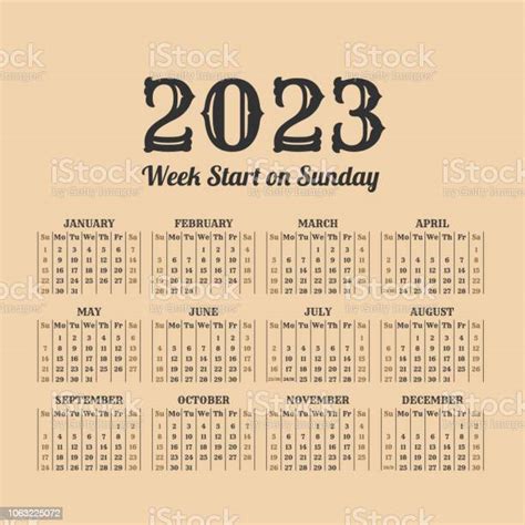 2023 Year Vintage Calendar Weeks Start On Sunday Stock Illustration