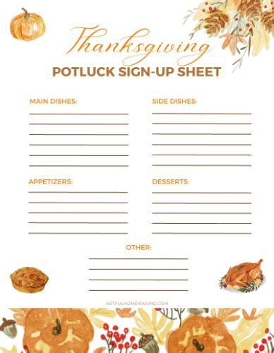 Thanksgiving Potluck List Printable Sign Up Sheet Free Artful