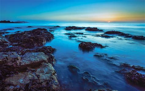 Ocean Rocks Stones Sunset Blue Hd 자연 대양 파랑 일몰 바위 돌 Hd 배경 화면