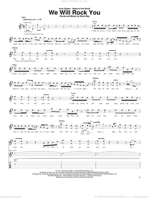 Queen We Will Rock You Sheet Music For Guitar Tablature V2