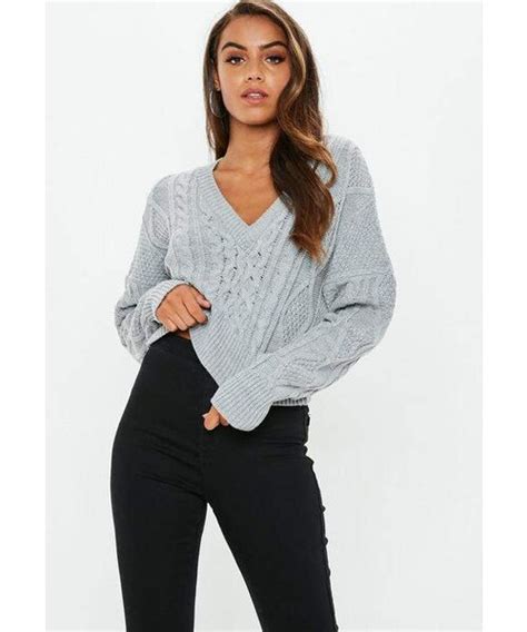 missguidedの「tall gray v neck cable knit cropped sweater（ニット セーター）」 wear