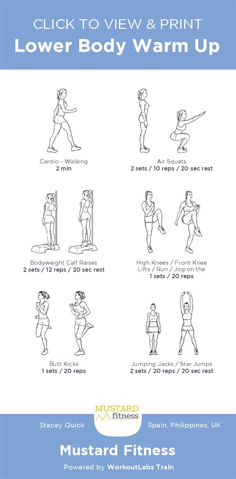 lower body warm up free illustrated workout by stacey quick at mustard fitness view and