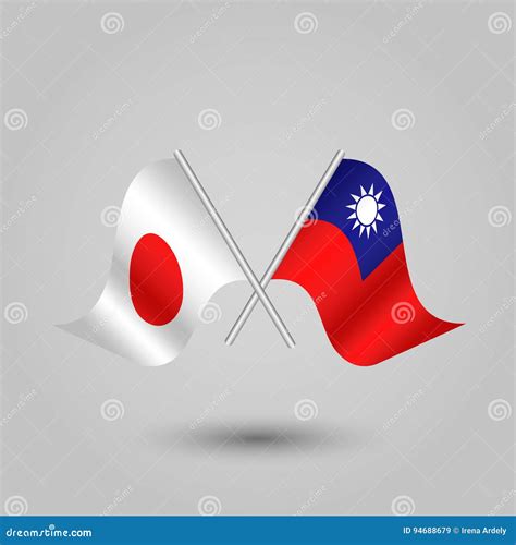 Vector Two Crossed Japanese And Taiwanese Flags On Silver Sticks Japan