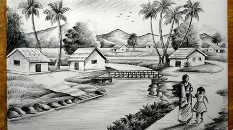 Easy Pencil Sketch Scenery River Side With Houses
