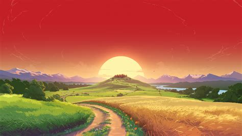 Download 1920x1080 Wallpaper Landscape Sunset Orange Sky Pathway