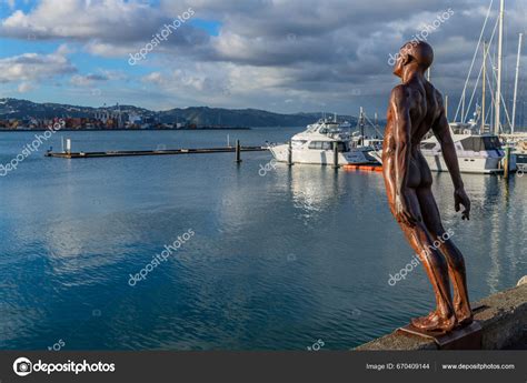 Wellington New Zealand Statue Naked Man Leaning Wind City Waterfront Stock Editorial Photo