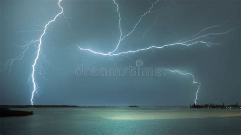 Magical View Of A Striking Lightning Over A Sea Location In A Stormy