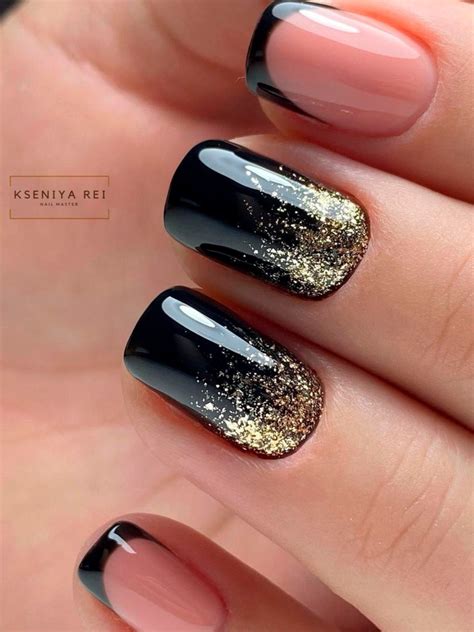 Glossy Short Black Nails 2020 With Gold Glitter And Two Accent French