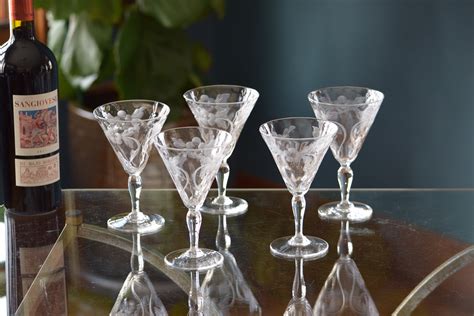 5 Vintage Crystal Etched Wine Glasses Vintage Small 6 Oz Crystal Wine Glasses After Dinner