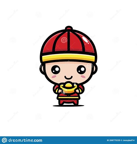 Cute Chinese Male Cartoon Character Carrying Gold Stock Vector