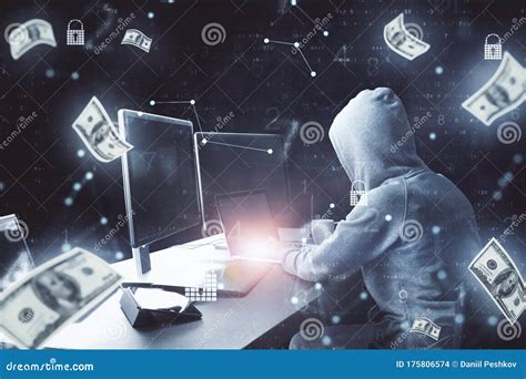 Hacker Using Computer And Falling Money Bills Stock Photo Image Of