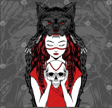 Native American Girl With Wolf Headdress Handling Skull Vector Stock Vector Illustration Of