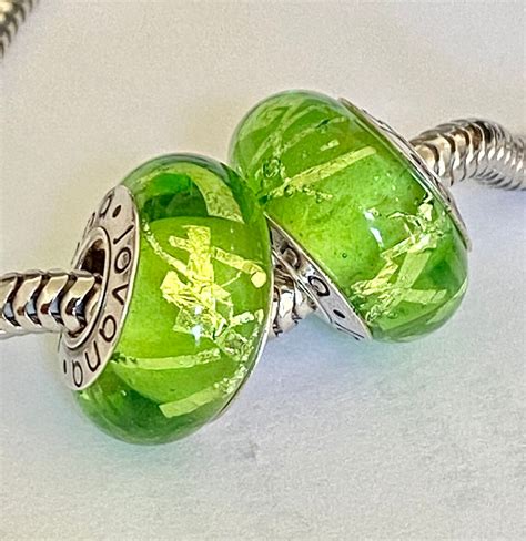 2 Murano Glass Charms Green Silver Confetti On 925 Sterling Etsy