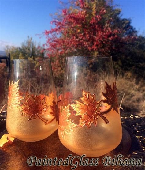 Autumn Stemless Crystal Set Of 2 Maple By Paintedglassbiliana Painted