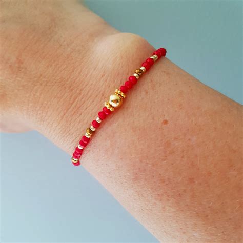Tiny Red Crystal Stretch Bracelet 14K Gold Fill 3mm Small Ruby Etsy