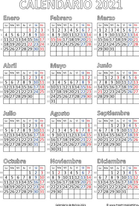 Calendario De Bolivia 2021 Imprimir El Pdf Gratis