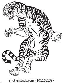 Angry Tiger Jump Black White Tattoo Stock Vector Royalty Free