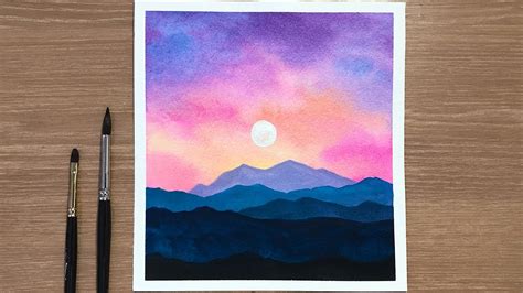 Glowy Sky Mountains Easy Watercolor Sunset Tutorial For Beginners Step By Step Youtube