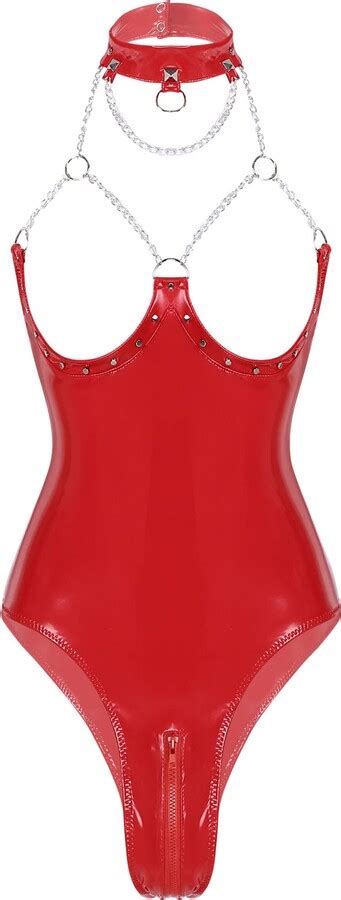 Aiihoo Women S Wetlook Pvc Leather Leotard Bodysuit Teddy Lingerie Steampunk Style Clubwear Red