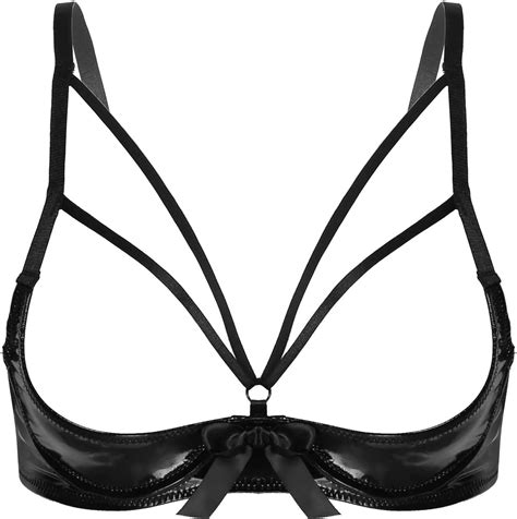 Liiyii Womens Wet Look Faux Leather Underwired Bra Tops Quarter Cup