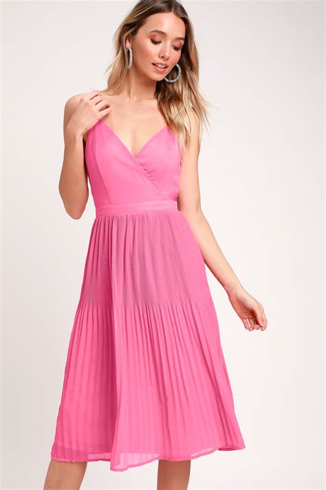 Chic Pink Midi Dress Pleated Dress Pleated Midi Dress Lulus
