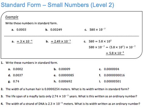 Standard Form Small Numbers Worksheet Tes