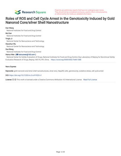 Pdf Roles Of Ros And Cell Cycle Arrest In The Genotoxicity Induced By Gold Nanorod Core Silver