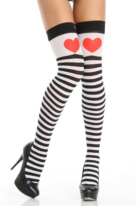 heart detail striped thigh highs in black white and red heart clothes leg avenue costumes