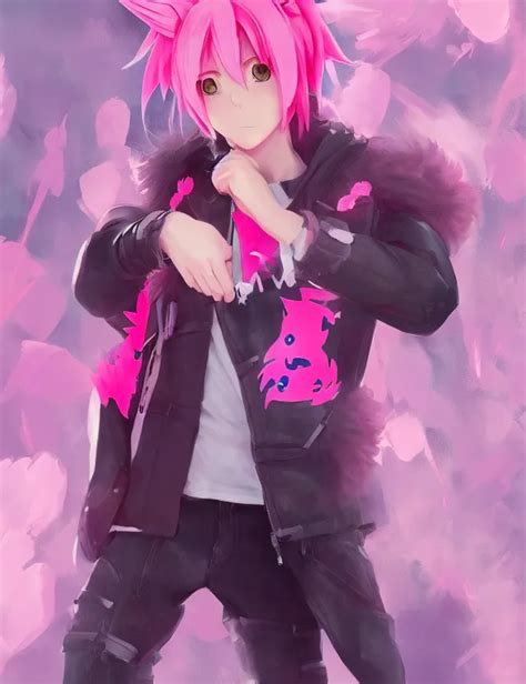 Cute Anime Boy With Pink Hair And Pink Wolf Ears And Stable Diffusion