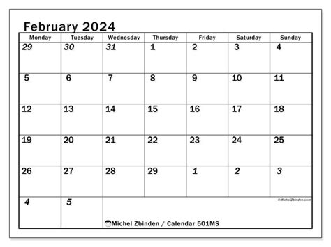February 2024 Printable Calendar “501ms” Michel Zbinden Au