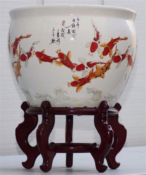 Vintage hand painted large chinese koi fish bowl planter jardiniere