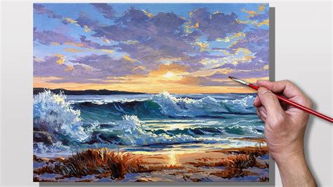 Acrylic Painting Seashore Sunset Youtube Ocean Art Painting Beach