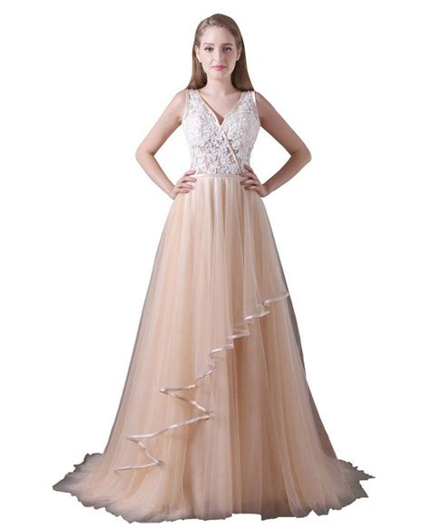 A Line V Neck Sweep Train Tulle Prom Dress With Lace A