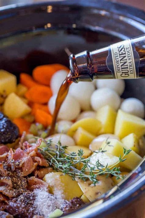 Tender beef braised in red wine with onions and carrots and flavoured. Slow Cooker Guinness Beef Stew - Dinner, then Dessert
