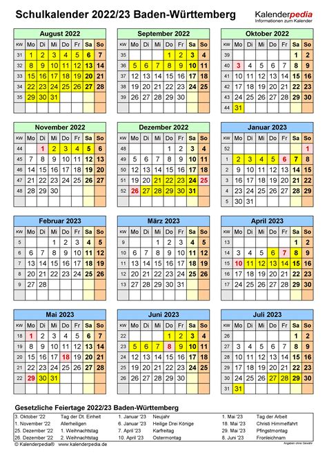 Schulkalender 20222023 Baden Württemberg Für Excel